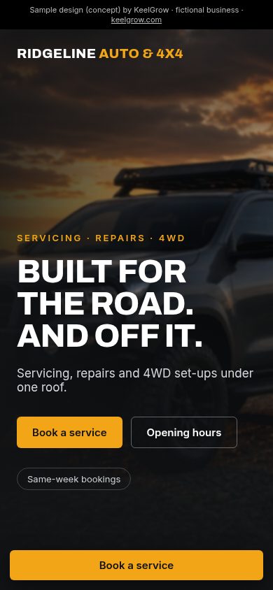Sample design (concept), fictional brand, mobile view